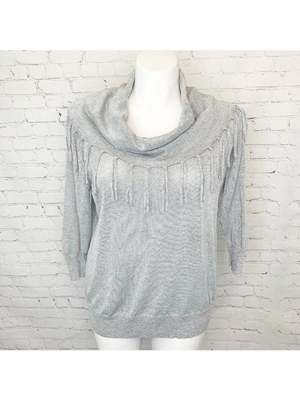 METALLIC SILVER FRINGE COWL NECK NOTATIONS TOP - 1X